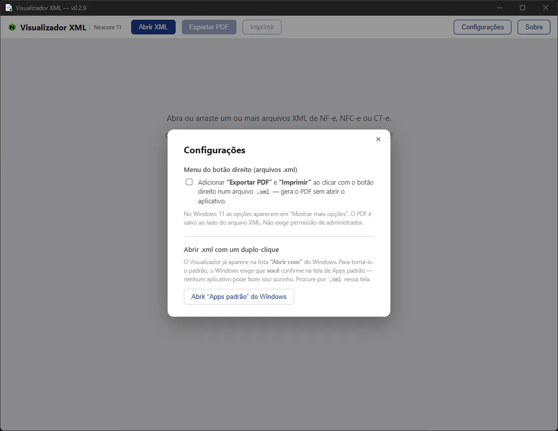Tela de Configurações do aplicativo