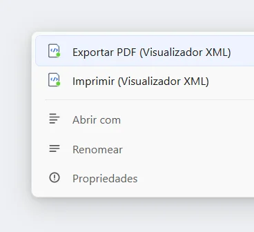 Comandos "Exportar PDF" e "Imprimir" no menu do botão direito de um arquivo .xml
