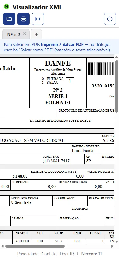 DANFE em 100%, maior que a largura da tela