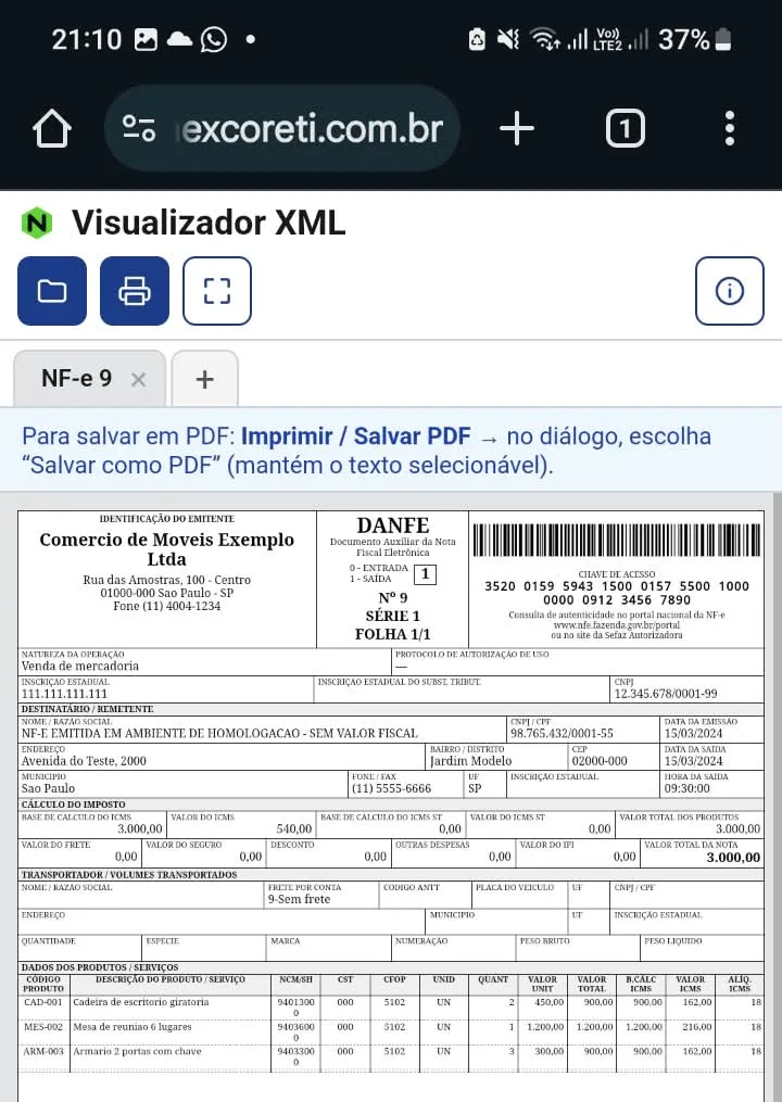 DANFE depois de tocar em Ajustar, encaixado na tela