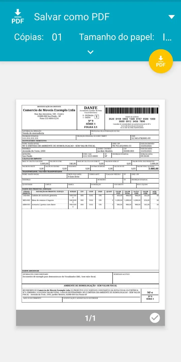 Diálogo Salvar como PDF do Android, com a nota em uma página A4